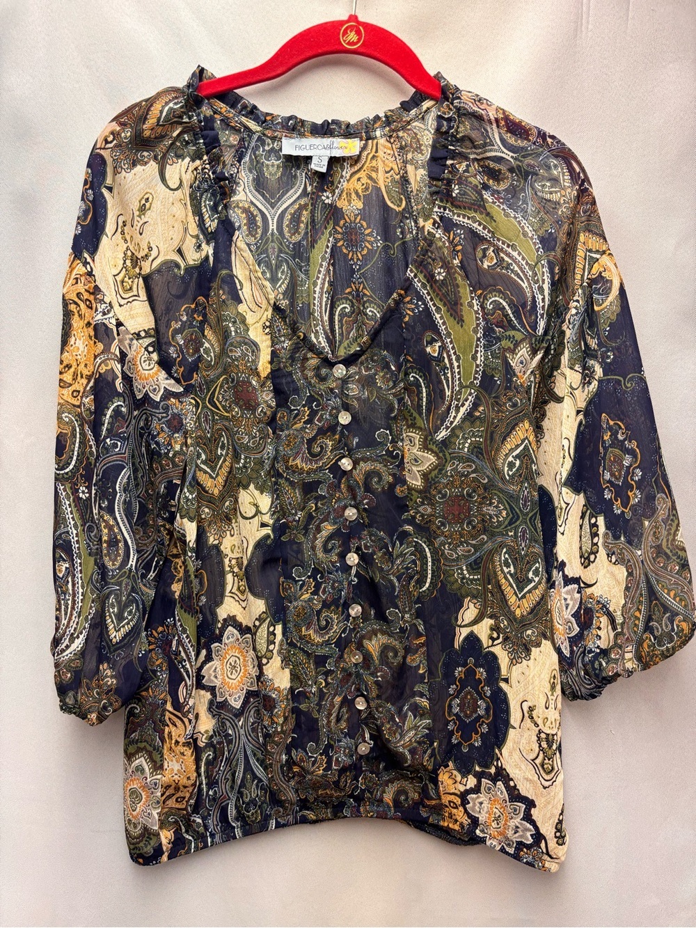Figueroa & Flower semi-sheer paisley blouse with a ruffled neckline Size Small